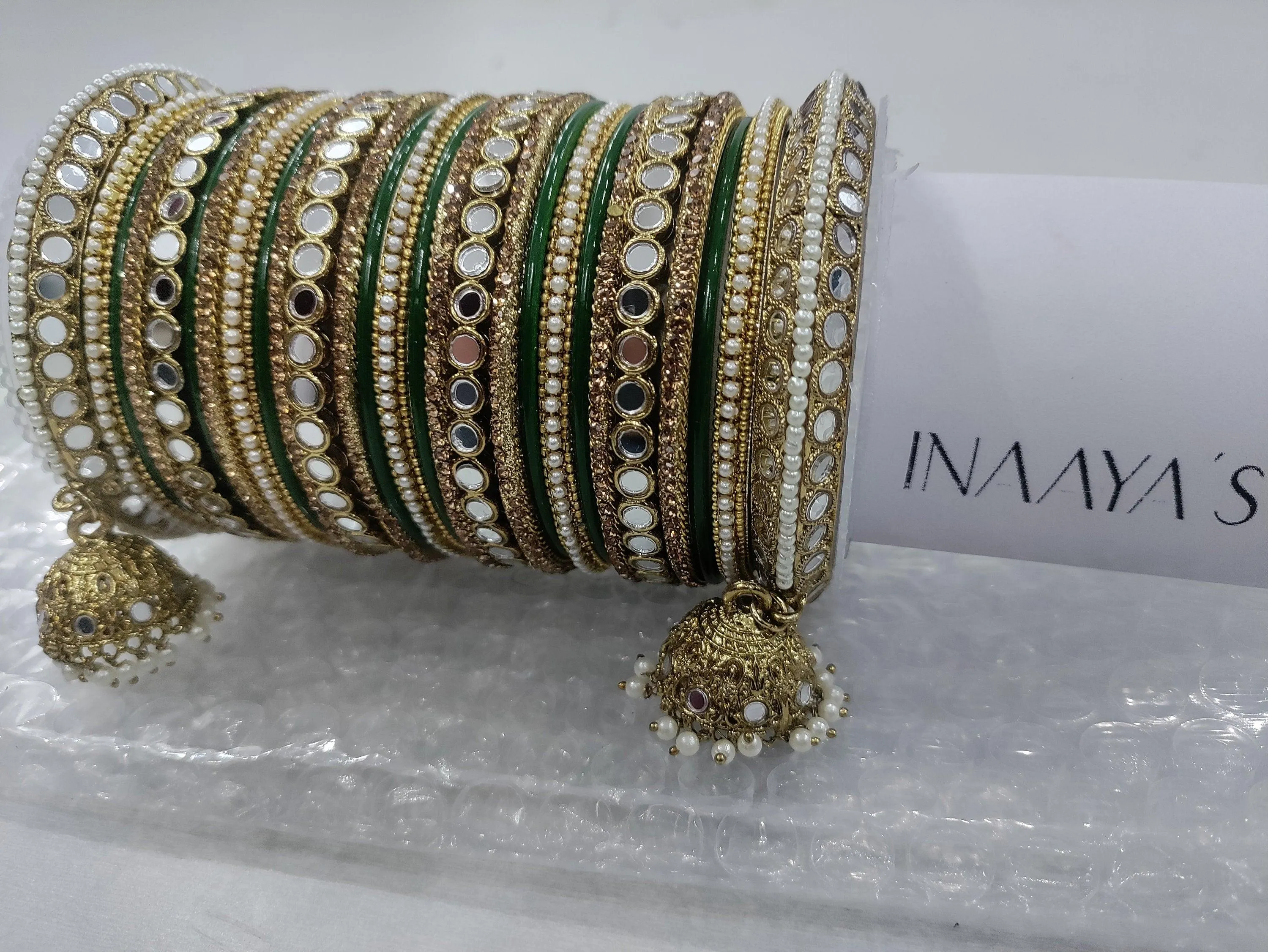Mirror Bangle Set, Brass Metal and Stone Bridal Bangle Set with Jhumki, Wedding Jewelry