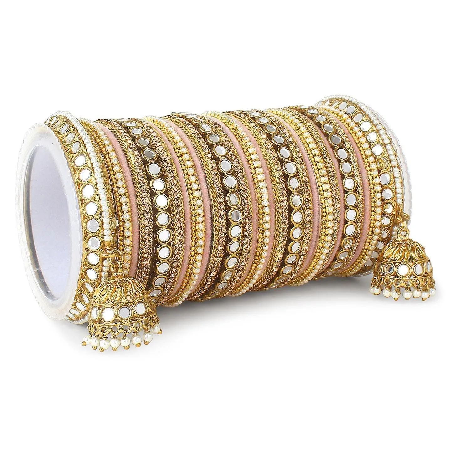 Mirror Bangle Set, Brass Metal and Stone Bridal Bangle Set with Jhumki, Wedding Jewelry