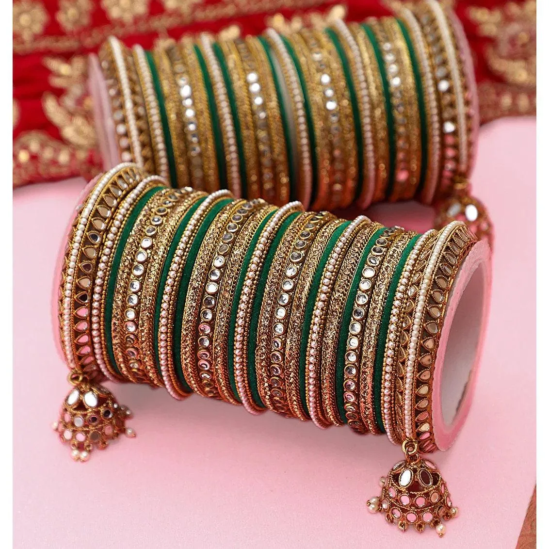 Mirror Bangle Set, Brass Metal and Stone Bridal Bangle Set with Jhumki, Wedding Jewelry