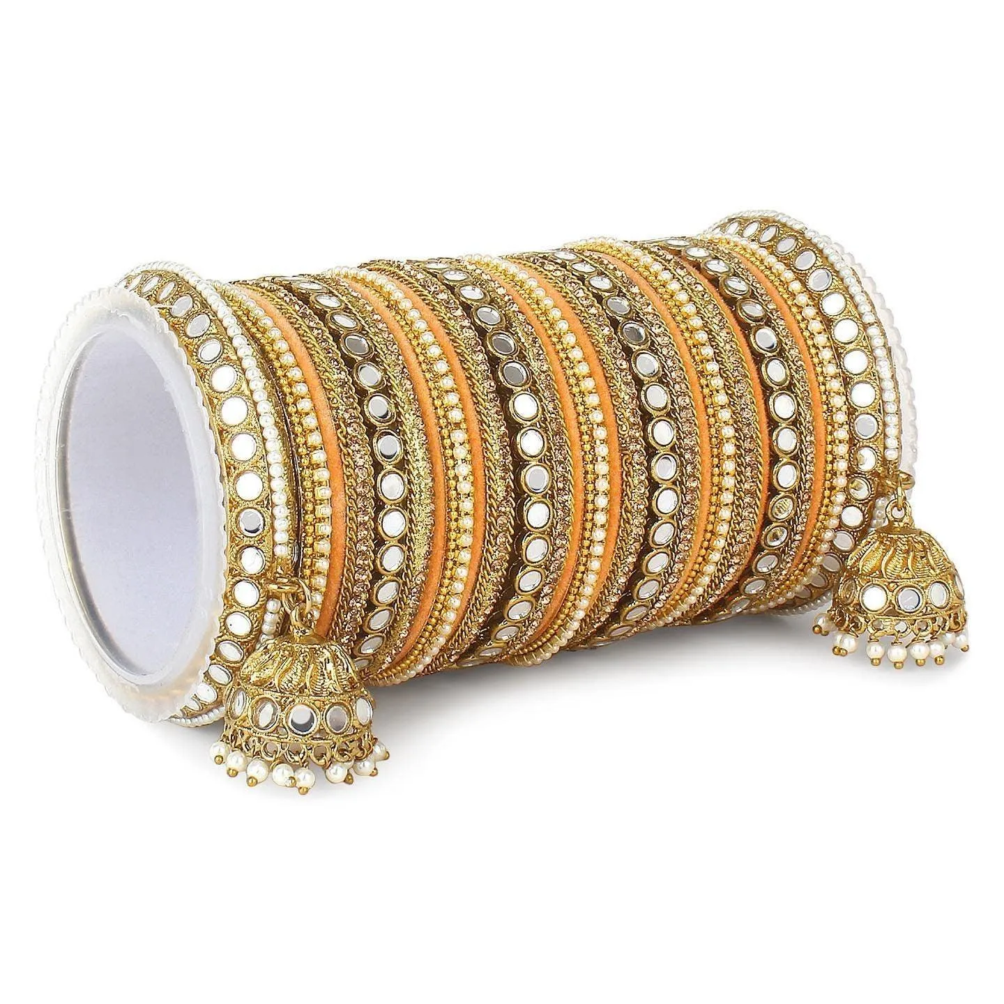Mirror Bangle Set, Brass Metal and Stone Bridal Bangle Set with Jhumki, Wedding Jewelry