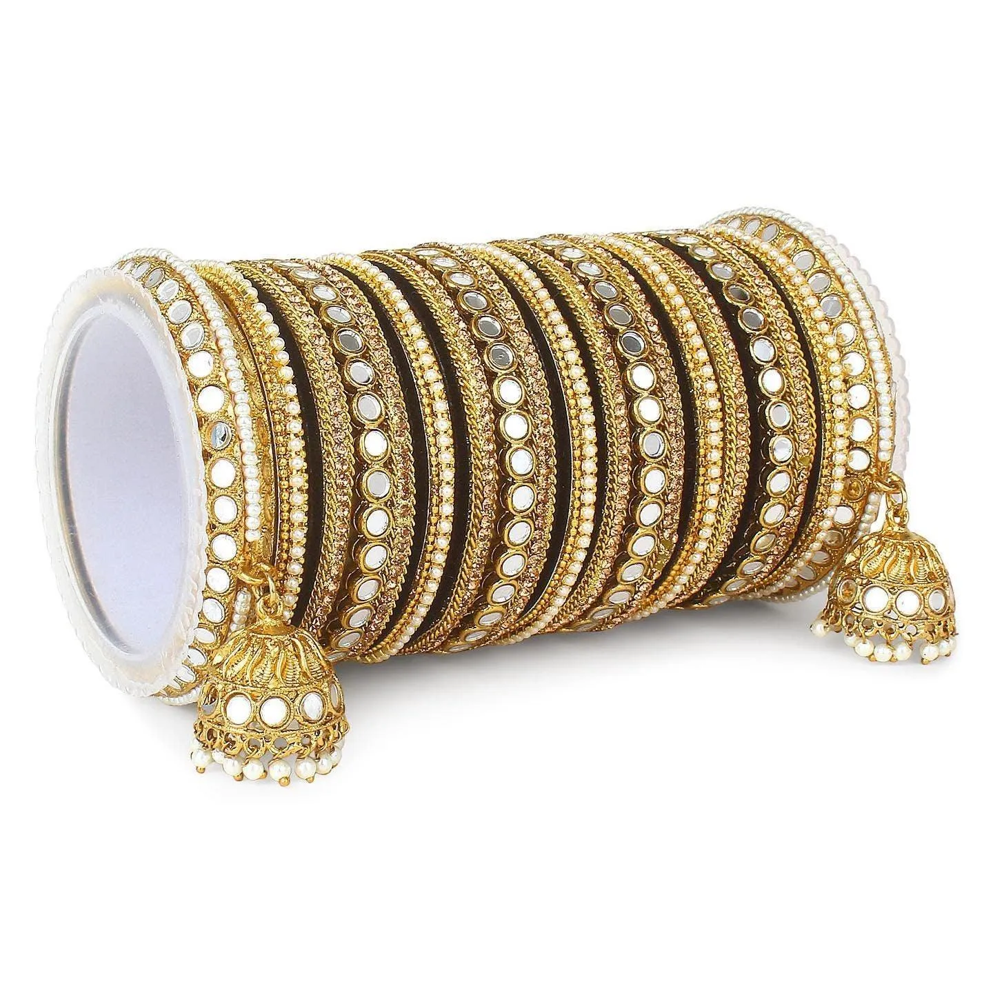 Mirror Bangle Set, Brass Metal and Stone Bridal Bangle Set with Jhumki, Wedding Jewelry