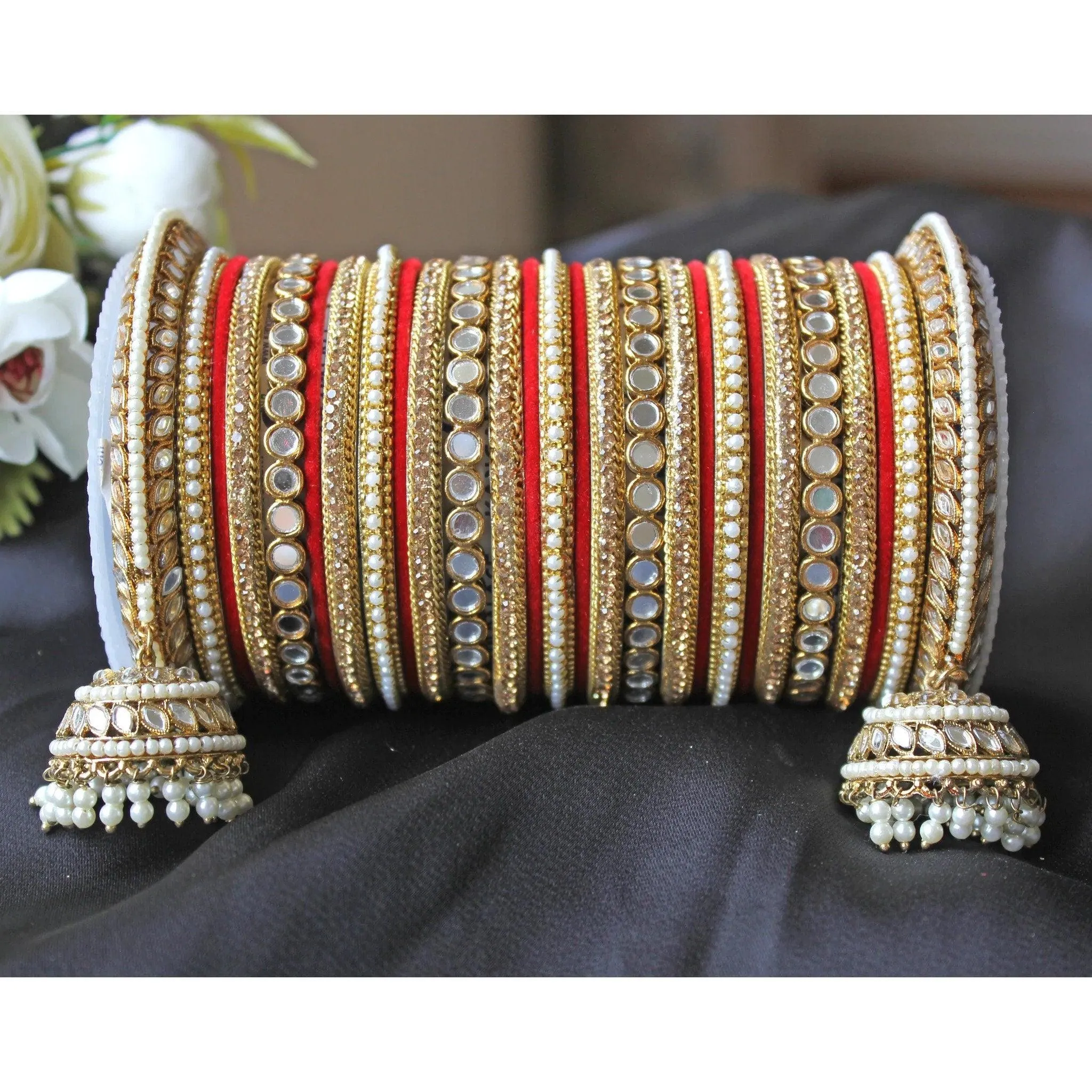 Mirror Bangle Set, Brass Metal and Stone Bridal Bangle Set with Jhumki, Wedding Jewelry