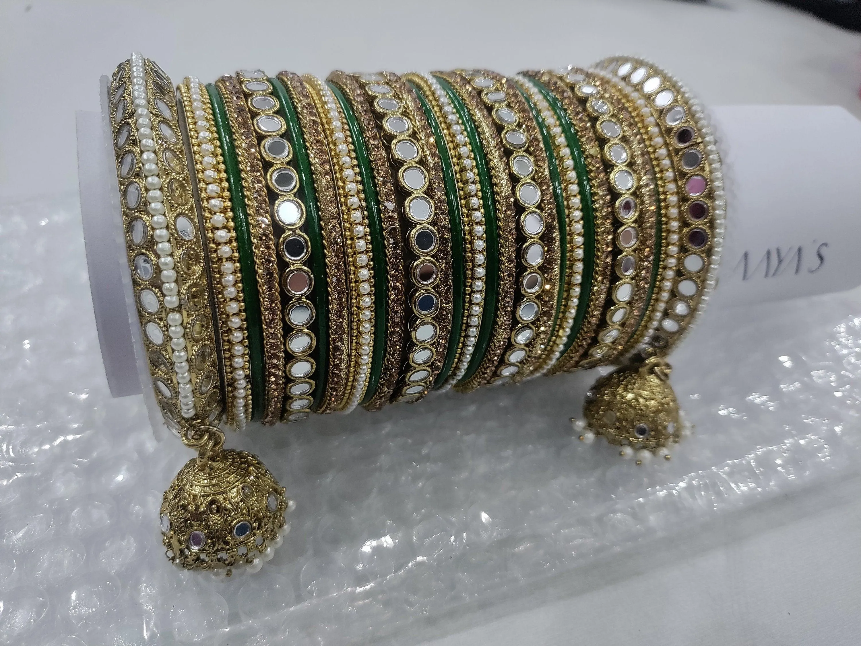 Mirror Bangle Set, Brass Metal and Stone Bridal Bangle Set with Jhumki, Wedding Jewelry
