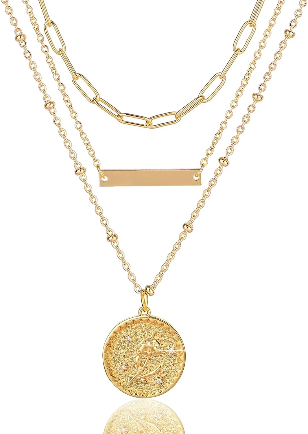 MJartoria Gold Layered Necklaces for Women Trendy Birth Flower Necklaces, February Violet Necklace, 14K Gold Plated Necklaces Engraved Stamped Flower Bar Pendant Necklace Birthday Gifts
