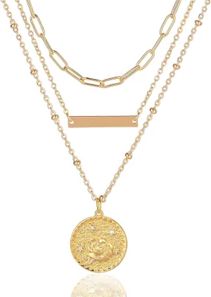 MJartoria Gold Layered Necklaces for Women Trendy Birth Flower Necklaces, September Peony Necklace, 14K Gold Plated Necklaces Engraved Coin, Bar Pendant Necklace Birthday Gifts