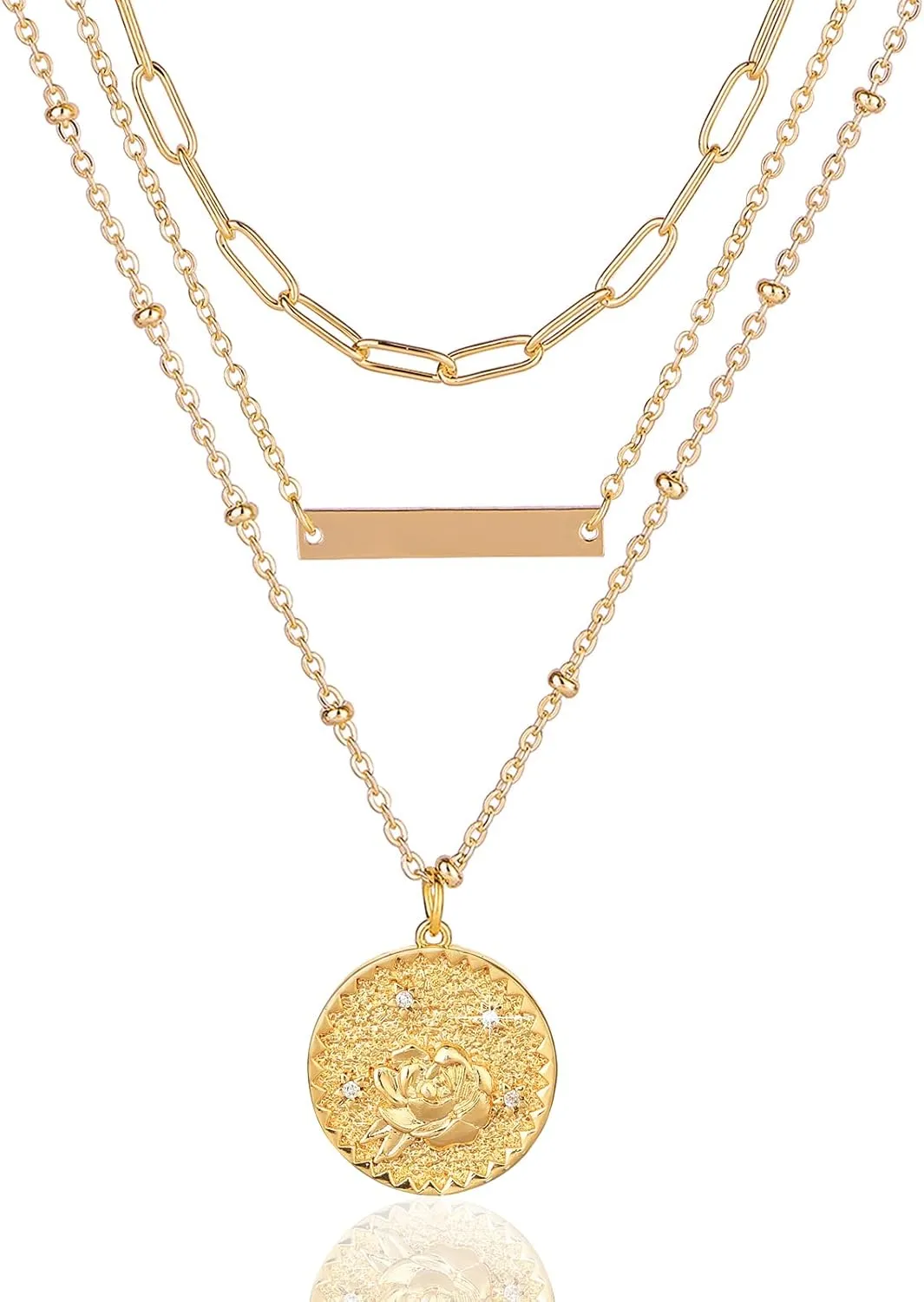 MJartoria Gold Layered Necklaces for Women Trendy Birth Flower Necklaces, September Peony Necklace, 14K Gold Plated Necklaces Engraved Coin, Bar Pendant Necklace Birthday Gifts