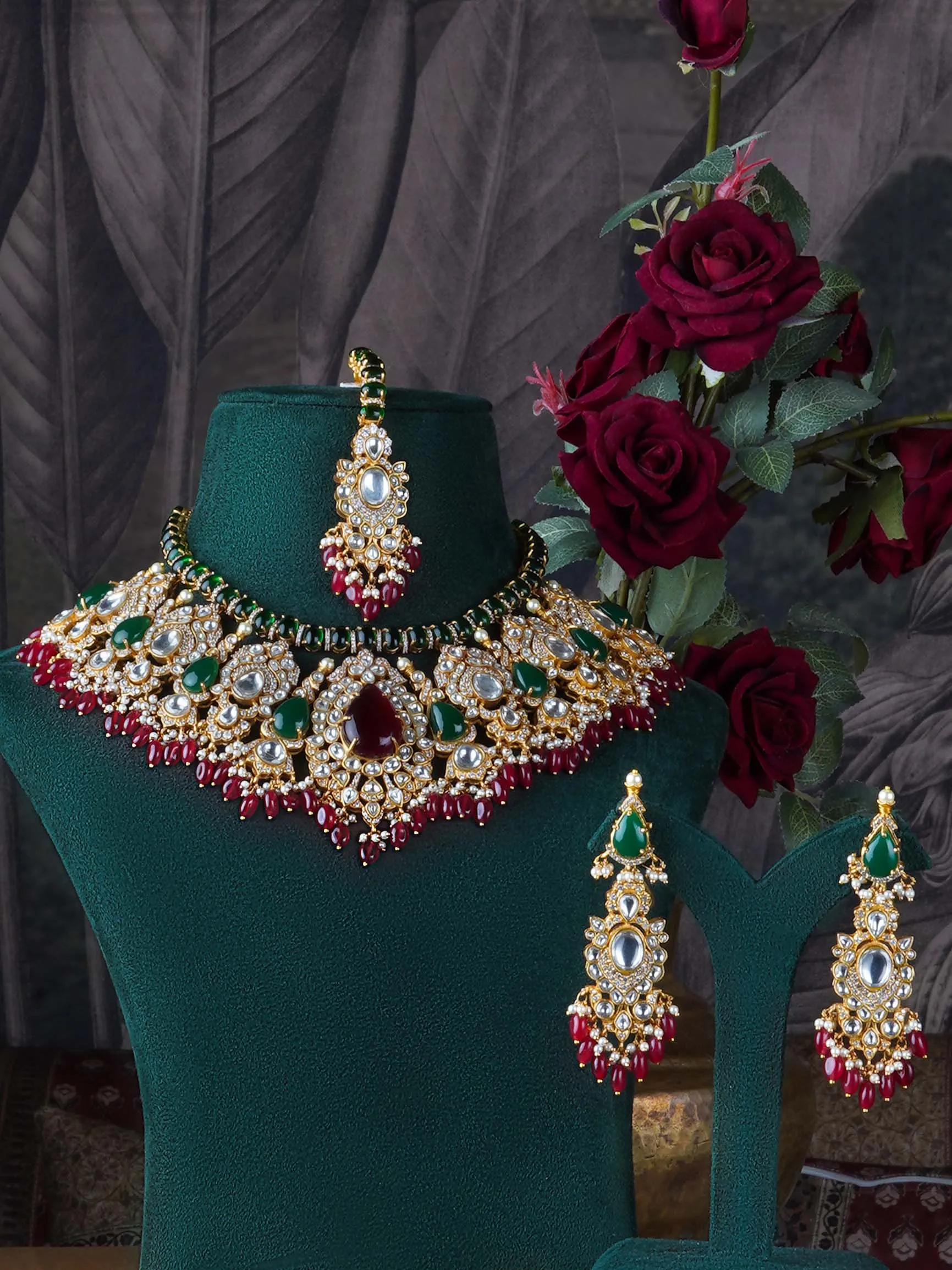 Multicolor Gold Plated Moissanite Bridal Necklace Set - MO-S58M