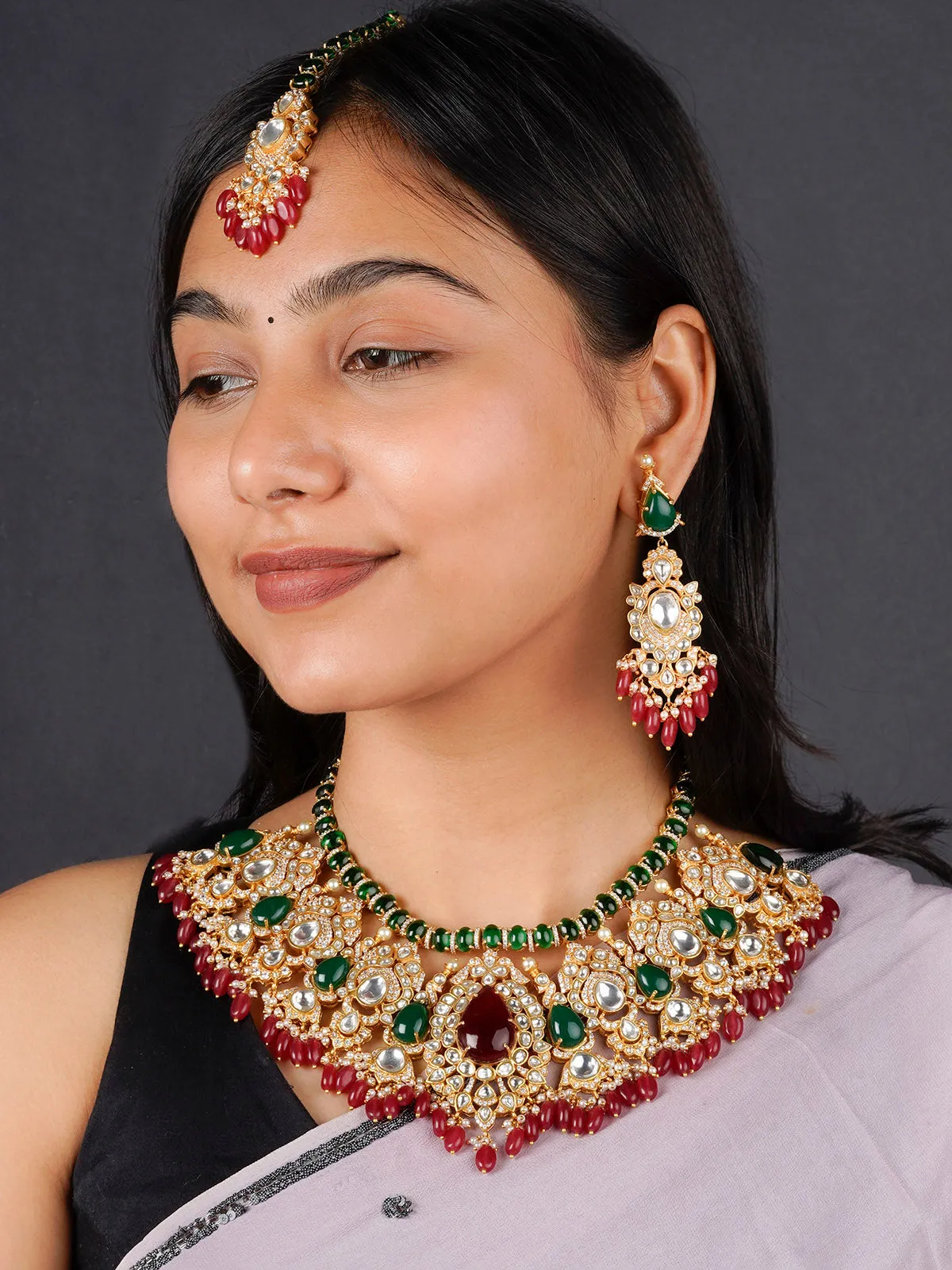 Multicolor Gold Plated Moissanite Bridal Necklace Set - MO-S58M