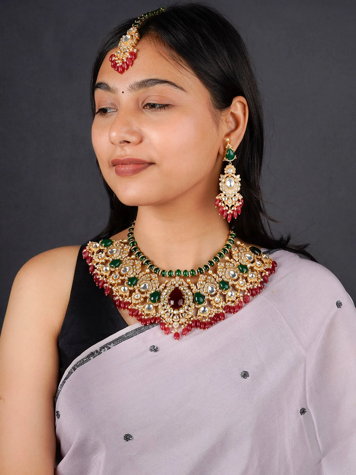 Multicolor Gold Plated Moissanite Bridal Necklace Set - MO-S58M