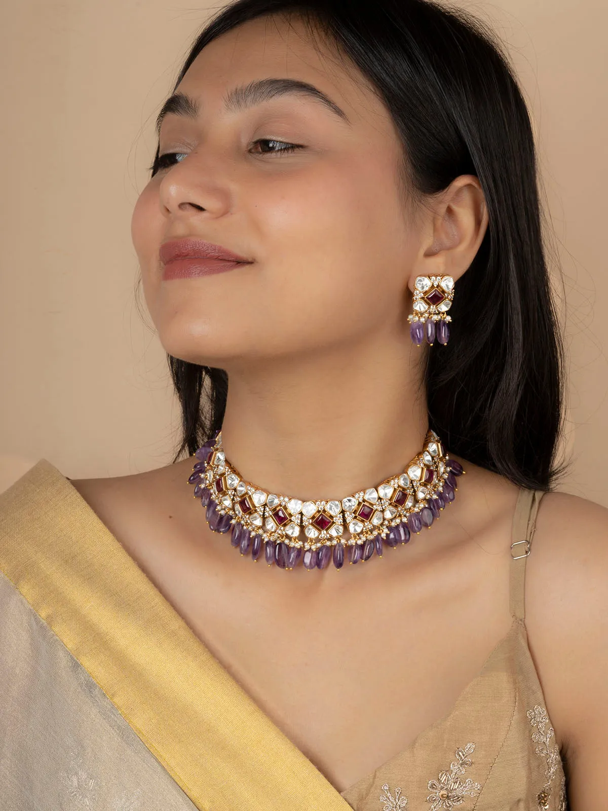 Multicolor Gold Plated Moissanite Necklace Set - MO-S3WPA
