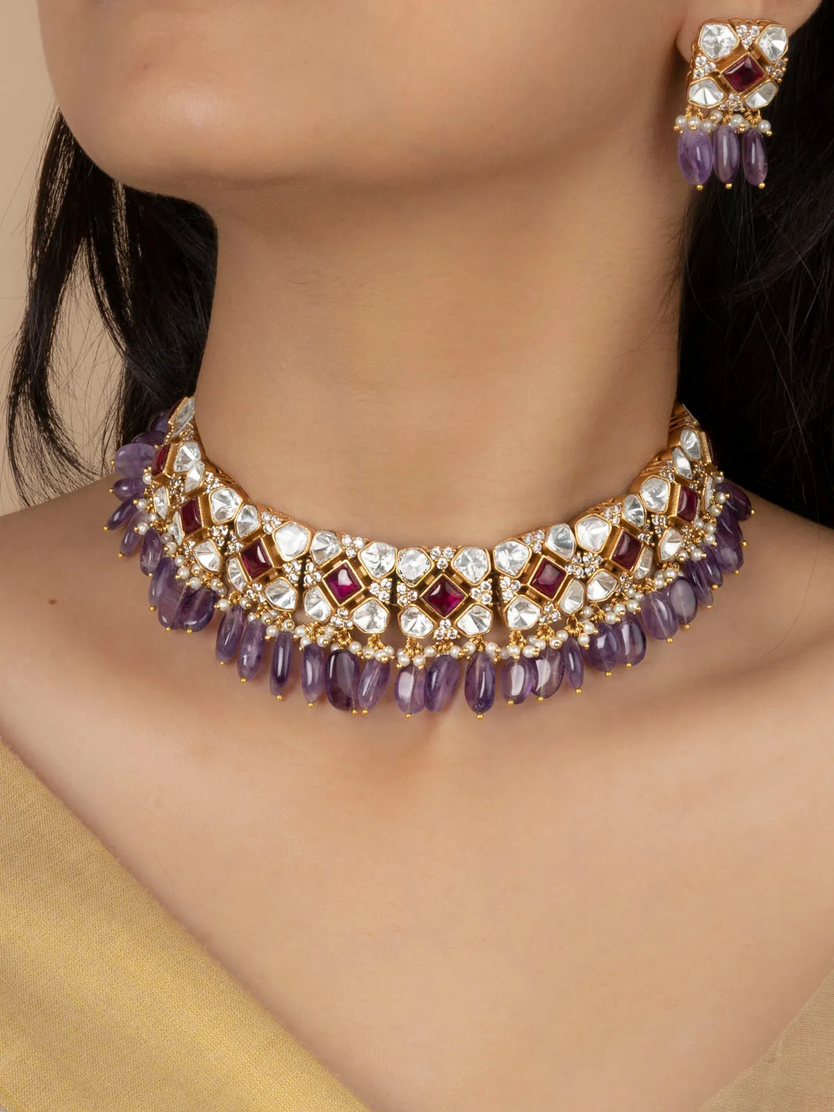 Multicolor Gold Plated Moissanite Necklace Set - MO-S3WPA