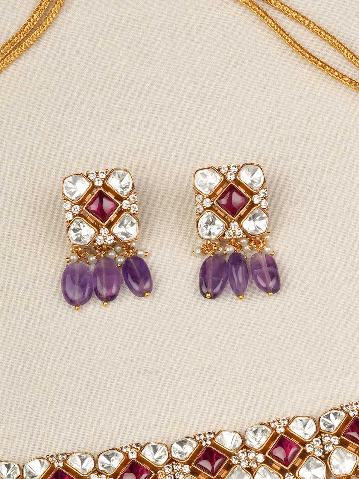 Multicolor Gold Plated Moissanite Necklace Set - MO-S3WPA