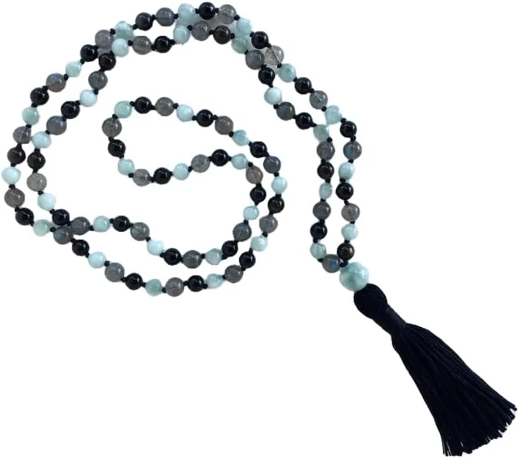 Natural Green Moonstone, Labradorite and Obsidian 6mm 108 Mala Beads, Spiritual, Meditation Beads, Reiki, Japa Mala, Buddhist Prayer Beads, Yoga Bracelet, healing beads LKMALA-RRGU-3219