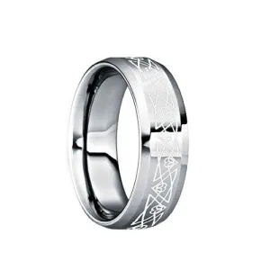 NONUS Engraved White Abstract Triangle Tungsten Ring with Polished Finish - 8mm