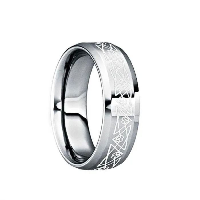 NONUS Engraved White Abstract Triangle Tungsten Ring with Polished Finish - 8mm