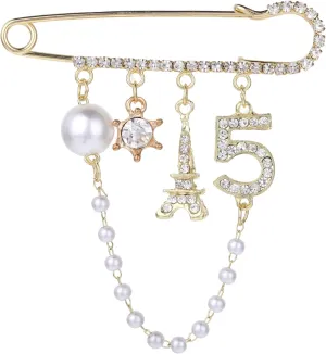 Number 5 Lapel Brooches and Pins, Designer Brooches for Women Vintage Gold Pins and Brooch Imitating Pearl Rhinestone Brooch Pin Fashion Lapel Pin for Wedding Banquet Jewelry Gift