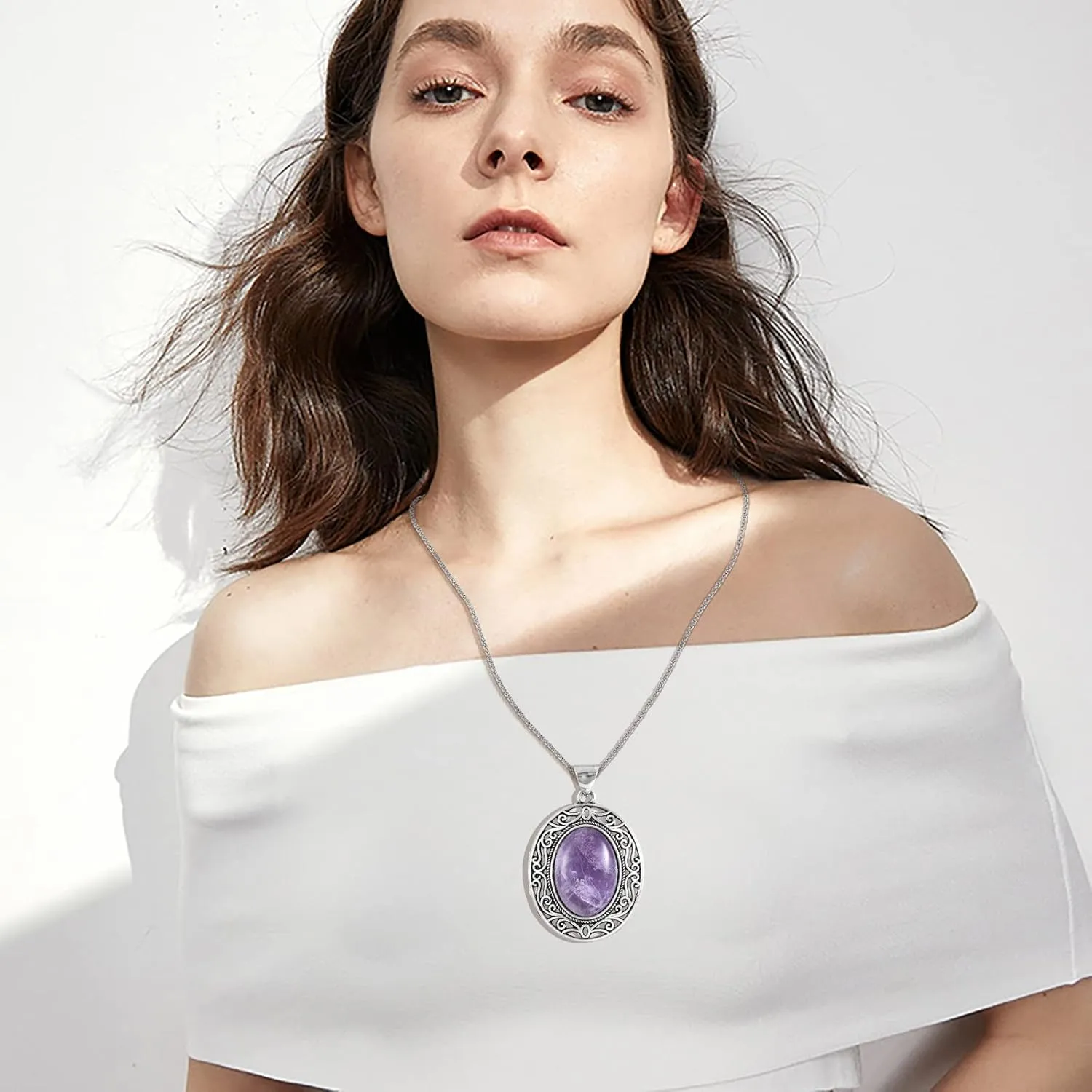 Oval Gemstone Necklace Stainless Steel Healing Crystal Pendant Semi-precious Stone Jewelry for Women Girls