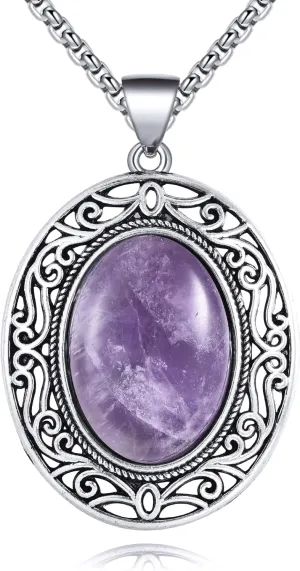Oval Gemstone Necklace Stainless Steel Healing Crystal Pendant Semi-precious Stone Jewelry for Women Girls