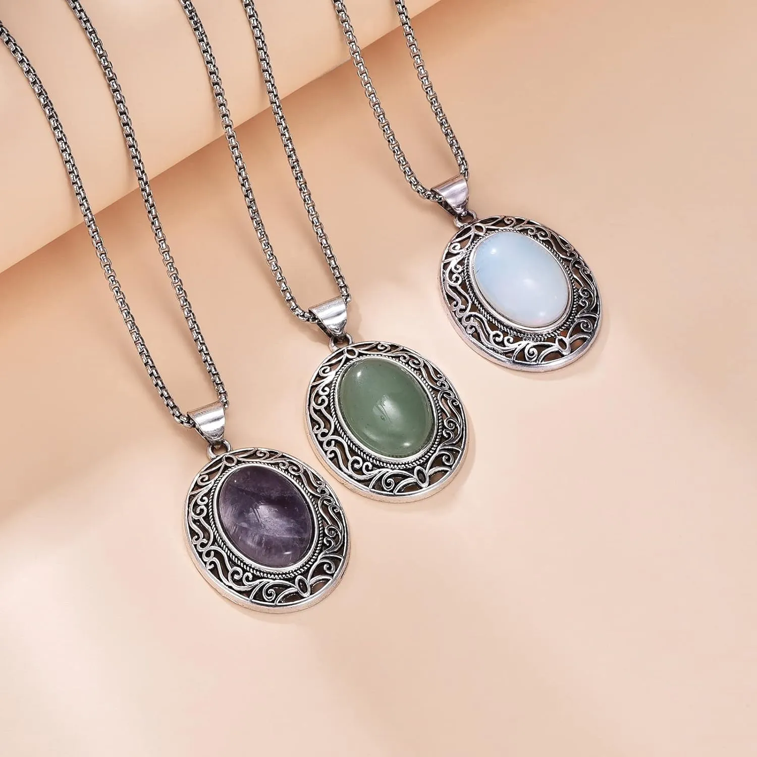 Oval Gemstone Necklace Stainless Steel Healing Crystal Pendant Semi-precious Stone Jewelry for Women Girls