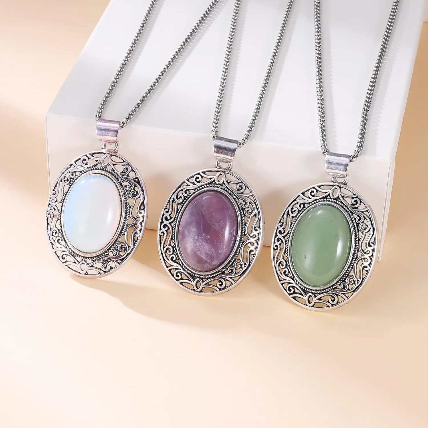 Oval Gemstone Necklace Stainless Steel Healing Crystal Pendant Semi-precious Stone Jewelry for Women Girls