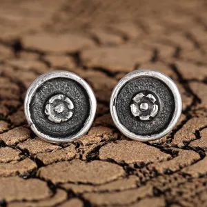 Oxidized Round Floral Sterling Silver Button Earrings - Spring Nucleus | NOVICA