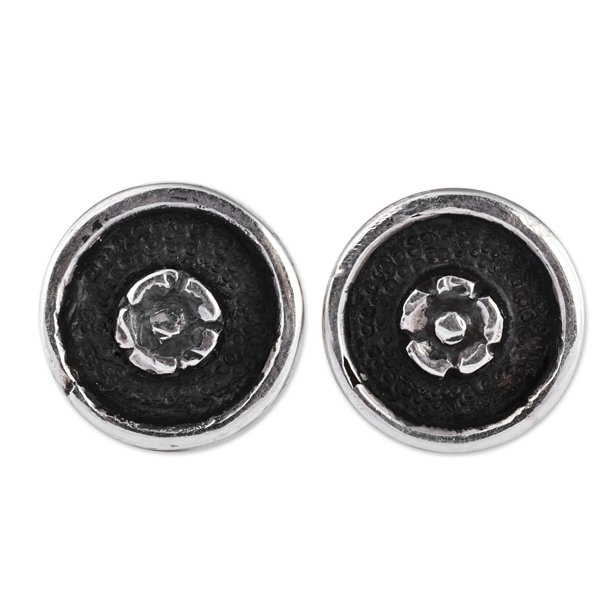 Oxidized Round Floral Sterling Silver Button Earrings - Spring Nucleus | NOVICA