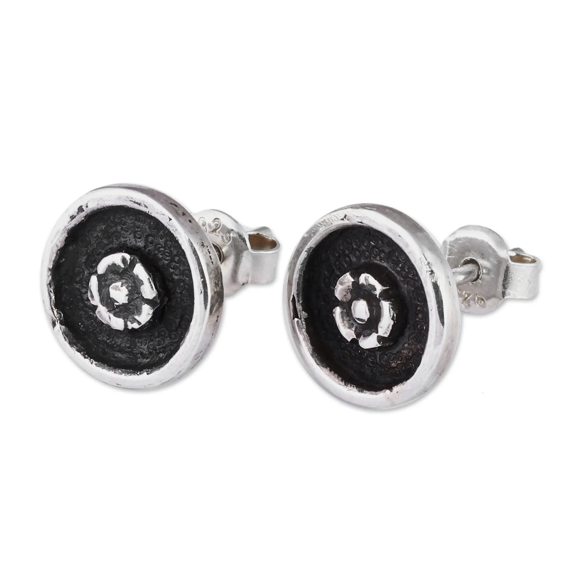 Oxidized Round Floral Sterling Silver Button Earrings - Spring Nucleus | NOVICA
