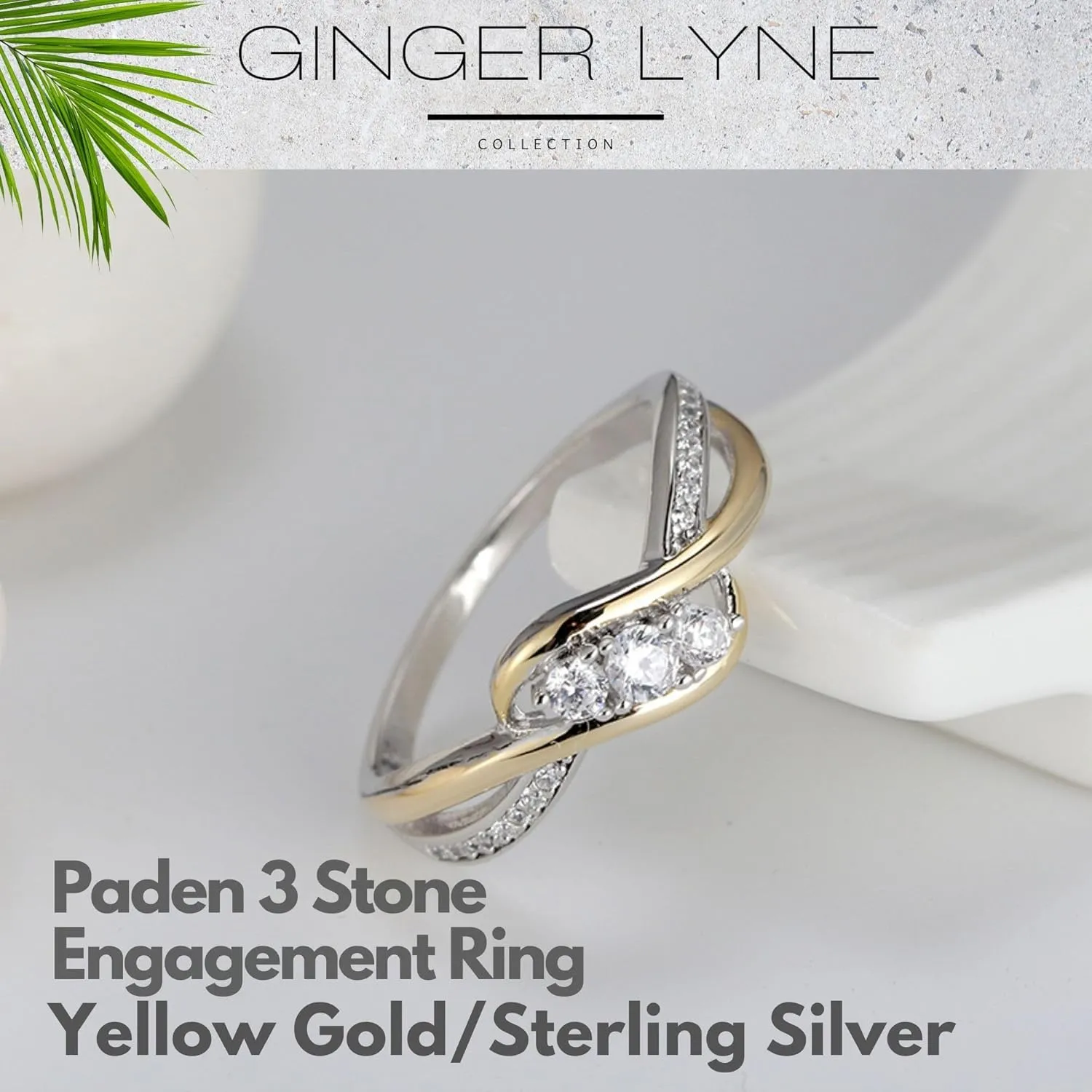 Paden Engagement Ring for Women by Ginger Lyne | Two Tone Gold over 925 Sterling Silver 3 Stone Design Cubic Zirconia Wedding Ring for Her | Bridal Jewelry for Wife or Girlfriend