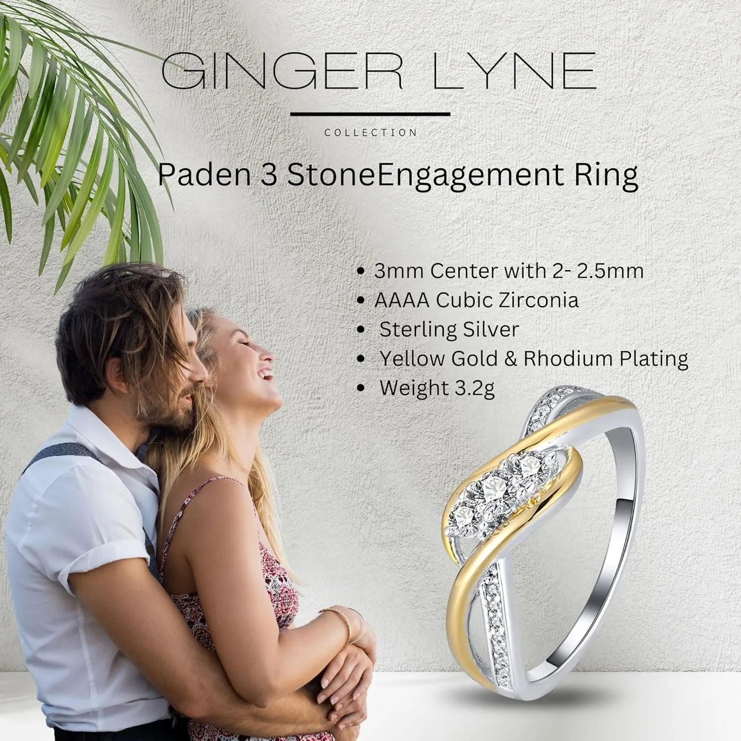 Paden Engagement Ring for Women by Ginger Lyne | Two Tone Gold over 925 Sterling Silver 3 Stone Design Cubic Zirconia Wedding Ring for Her | Bridal Jewelry for Wife or Girlfriend