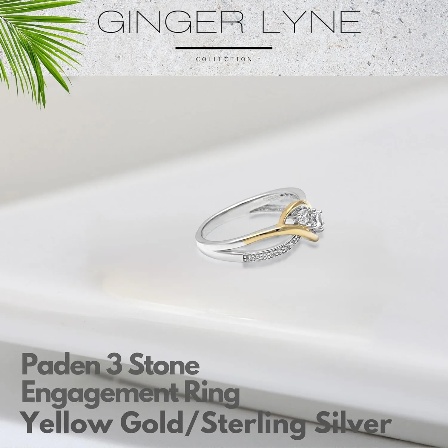 Paden Engagement Ring for Women by Ginger Lyne | Two Tone Gold over 925 Sterling Silver 3 Stone Design Cubic Zirconia Wedding Ring for Her | Bridal Jewelry for Wife or Girlfriend