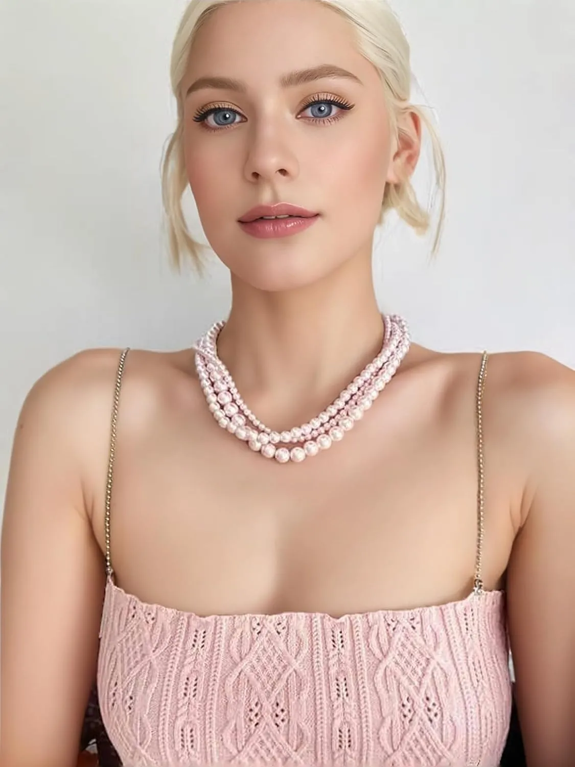 Pale Pink Pearl Necklace for Women 4mm 6mm 8mm 14-18" Round Faux Pearl Choker Strand Jewelry Gifts