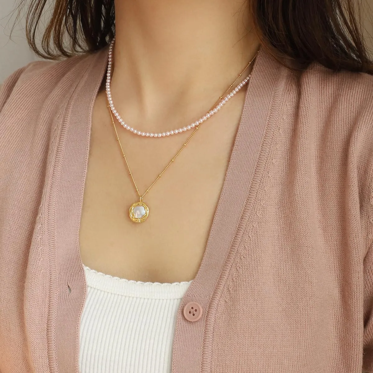 Pale Pink Pearl Necklace for Women 4mm 6mm 8mm 14-18" Round Faux Pearl Choker Strand Jewelry Gifts