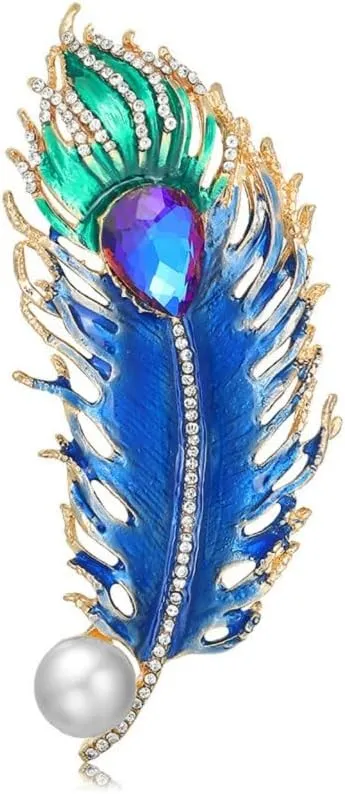 Peacock Feather Brooch Pins for Women, Blue Feather Brooch Pin, Cute Feather Leaf Brooch Lapel Pin, Bohemian Pearl Feather Brooches Pins for Women Hat Bag Suit Dress Accessories Jewelry