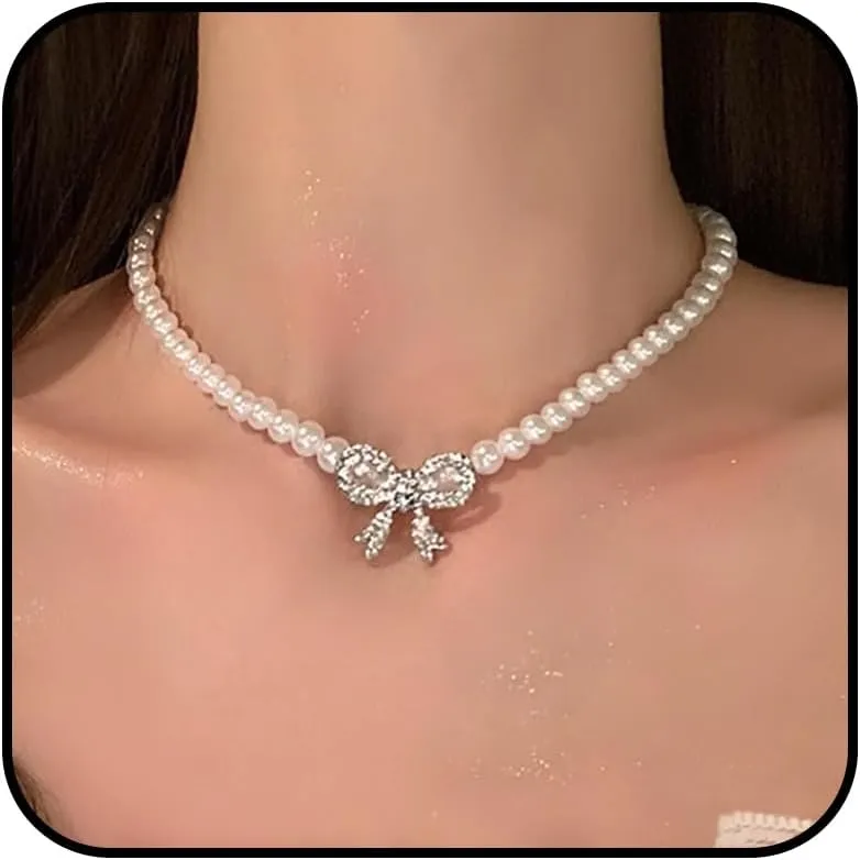 Pearl Bow Necklace for Women Gold Bow Choker Necklaces Layered Bowknot Lariat Necklace Dainty Bow Jewelry Gifts