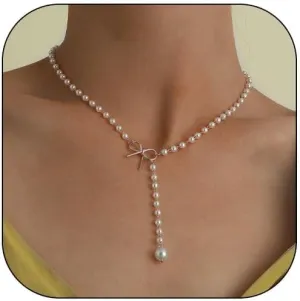 Pearl Bow Necklace for Women Gold Bow Choker Necklaces Layered Bowknot Lariat Necklace Dainty Bow Jewelry Gifts