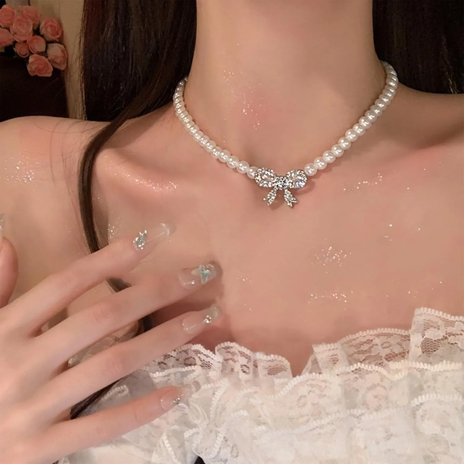 Pearl Bow Necklace for Women Gold Bow Choker Necklaces Layered Bowknot Lariat Necklace Dainty Bow Jewelry Gifts