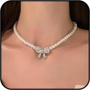 Pearl Bow Necklace for Women Gold Bow Choker Necklaces Layered Bowknot Lariat Necklace Dainty Bow Jewelry Gifts