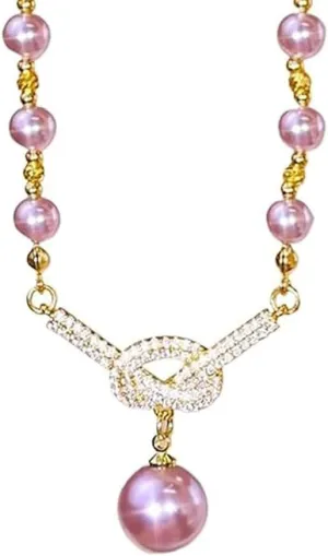 Pearl Concentric Knot Choker Necklace,Gold Bow Pearl Choker Necklace Pearl Necklace Bow Jewelry Retro Exquisite Diamond Concentric Knot for Wedding Bridesmaid Formal Party