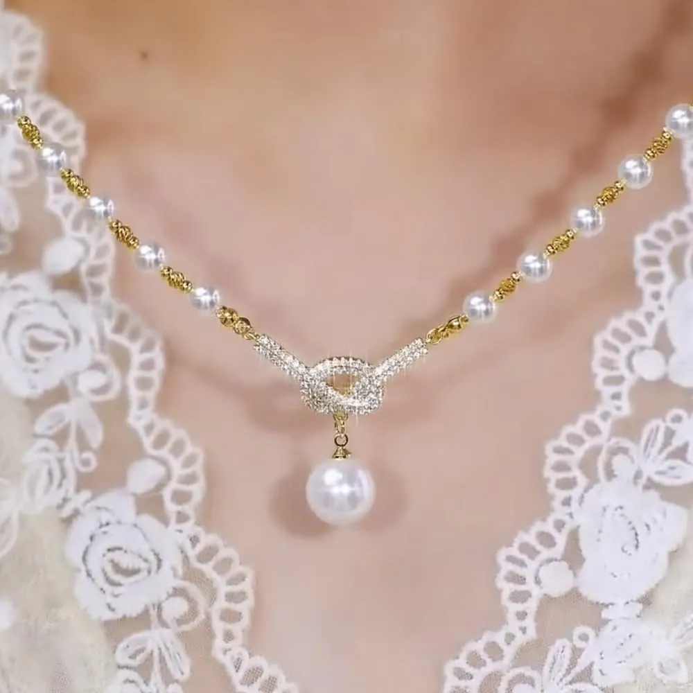 Pearl Concentric Knot Choker Necklace,Gold Bow Pearl Choker Necklace Pearl Necklace Bow Jewelry Retro Exquisite Diamond Concentric Knot for Wedding Bridesmaid Formal Party