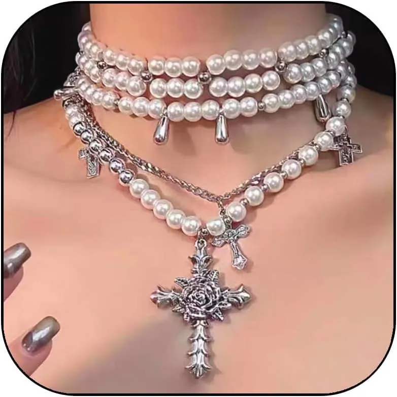 Pearl Cross Necklace for Women Gothic Layered Pearl Necklace Chunky Big Cross Necklaces Vintage Gothic Charm Necklaces Halloween Jewelry for Women