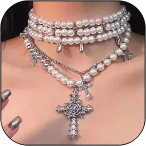 Pearl Cross Necklace for Women Gothic Layered Pearl Necklace Chunky Big Cross Necklaces Vintage Gothic Charm Necklaces Halloween Jewelry for Women