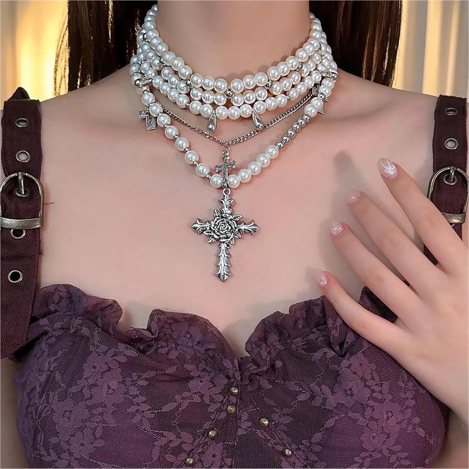 Pearl Cross Necklace for Women Gothic Layered Pearl Necklace Chunky Big Cross Necklaces Vintage Gothic Charm Necklaces Halloween Jewelry for Women