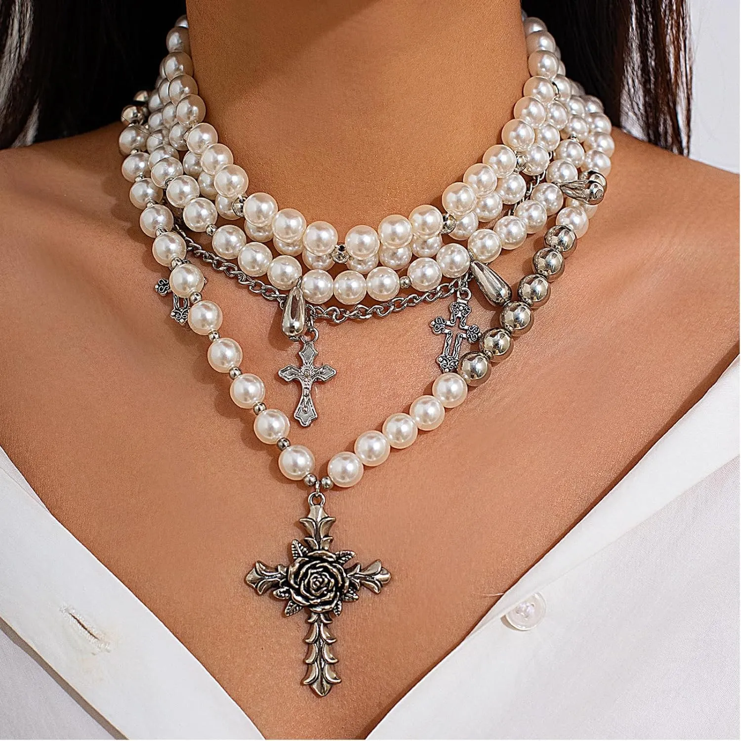 Pearl Cross Necklace for Women Gothic Layered Pearl Necklace Chunky Big Cross Necklaces Vintage Gothic Charm Necklaces Halloween Jewelry for Women
