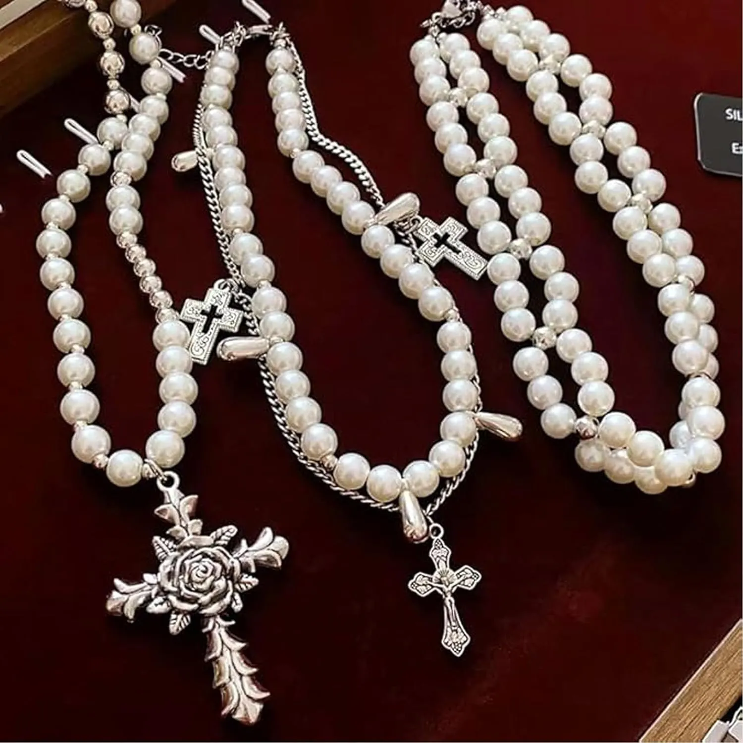 Pearl Cross Necklace for Women Gothic Layered Pearl Necklace Chunky Big Cross Necklaces Vintage Gothic Charm Necklaces Halloween Jewelry for Women
