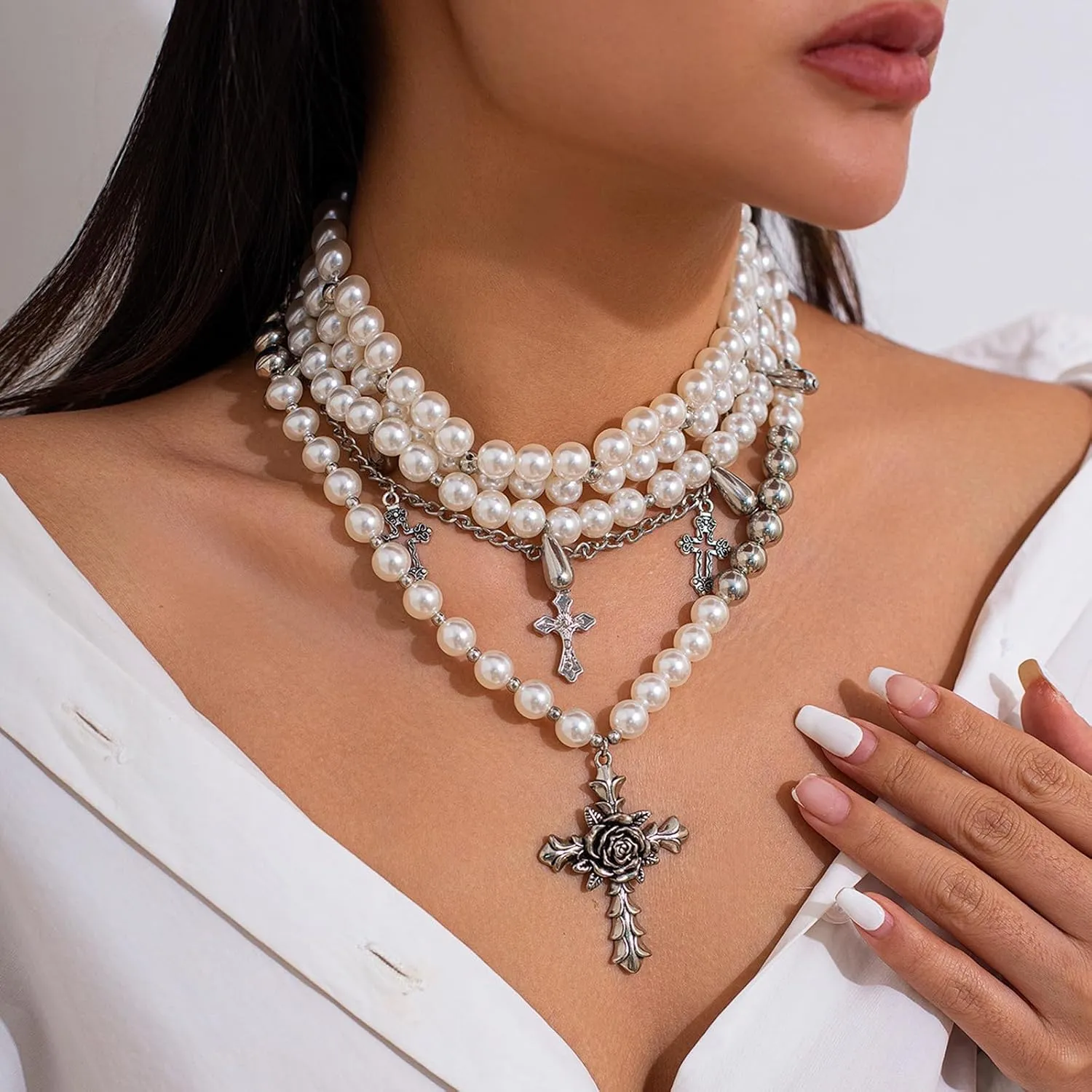 Pearl Cross Necklace for Women Gothic Layered Pearl Necklace Chunky Big Cross Necklaces Vintage Gothic Charm Necklaces Halloween Jewelry for Women