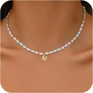 Pearl Initial Necklaces for Girls Kids, Teen Girl Gifts Trendy Stuff 14K Gold Plated Initial Necklaces Birthday Gifts Pearl Jewelry for Girls Kids