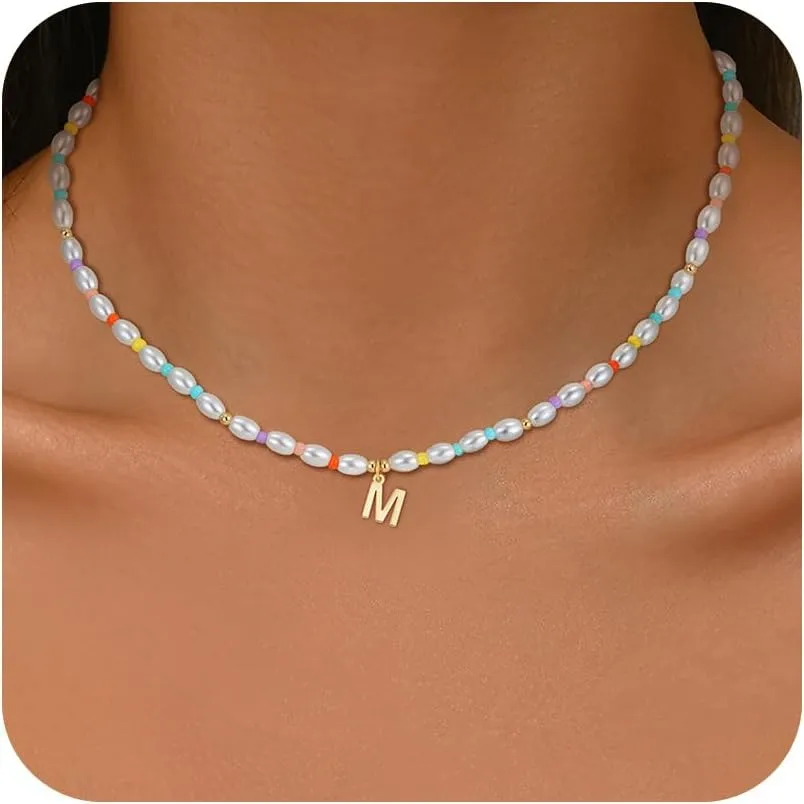 Pearl Initial Necklaces for Girls Kids, Teen Girl Gifts Trendy Stuff 14K Gold Plated Initial Necklaces Birthday Gifts Pearl Jewelry for Girls Kids