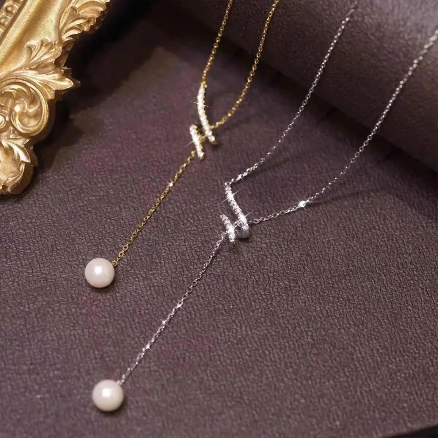 Pearl Lariat Necklaces for Women Mom S925 Sterling Silver Dainty Spiral CZ Pearl Pendant Long Necklace Sparkle Y-Shape Necklaces Pearl Drop Necklace Gold Jewelry Gifts for Brides Wedding Chain 17 2''