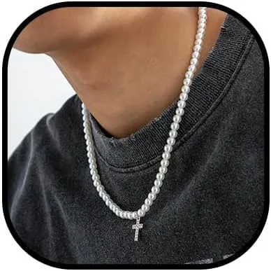 Pearl Necklaces for Men Pearl Choker Necklaces.Layered Mens Pearl Necklace Faux Pearl Cross Cuban Link Necklace for Boyfriend Husband Son
