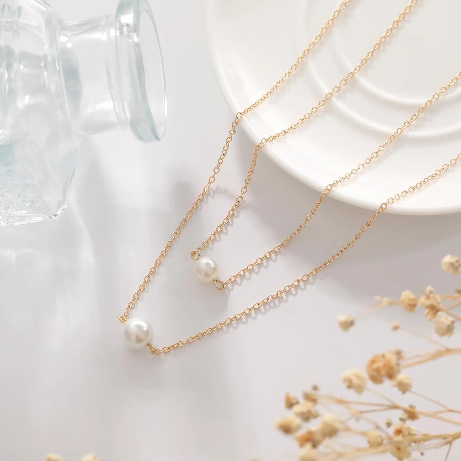 Pearl Necklaces for Women 14k Gold Plated Dainty Choker Layered Pearls Pendant Necklace for Girls Cute Simple Faux Pearl Necklace Trendy Thin Small Drop Chain Wedding Prom Bridal Jewelry Gift